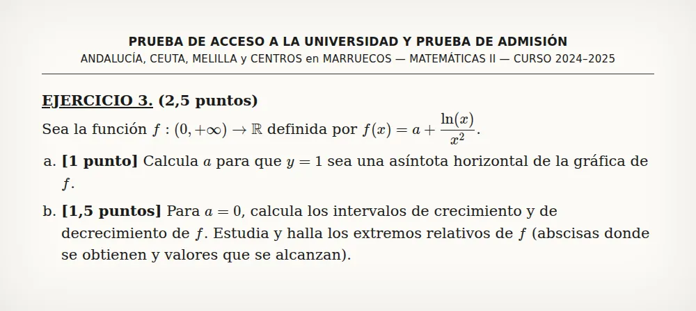 Enunciado subido a FotoExamen: derivadas y extremos (PAU Andalucía 2025, Matemáticas II, convocatoria ordinaria, ejercicio 3)