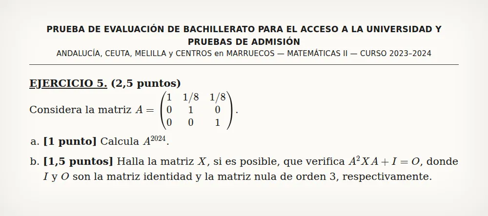 Enunciado subido a FotoExamen: matrices (PEvAU Andalucía 2024, Matemáticas II, convocatoria ordinaria, ejercicio 5)